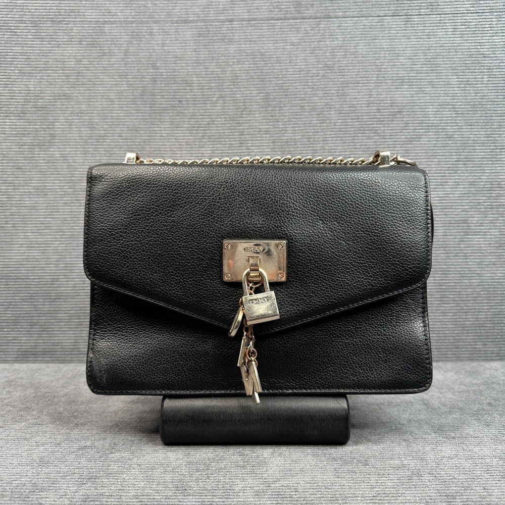 DKNY Black Pebbled Leather Crossbody Bag‎ Gold Padlock Y2K Chain Strap Messenger